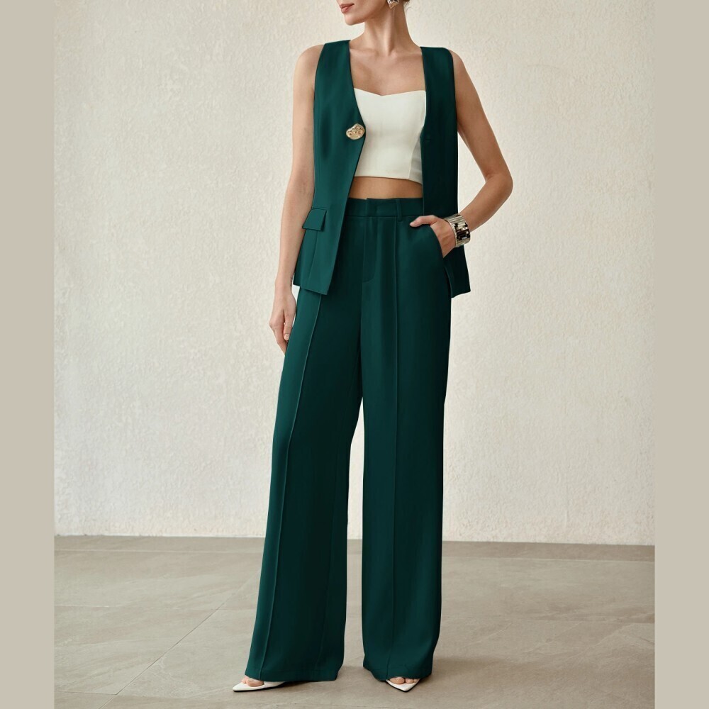 Cool Emerald Green Sleeveless Blazer Vest & Wide Leg Trouser Pantsuit Set